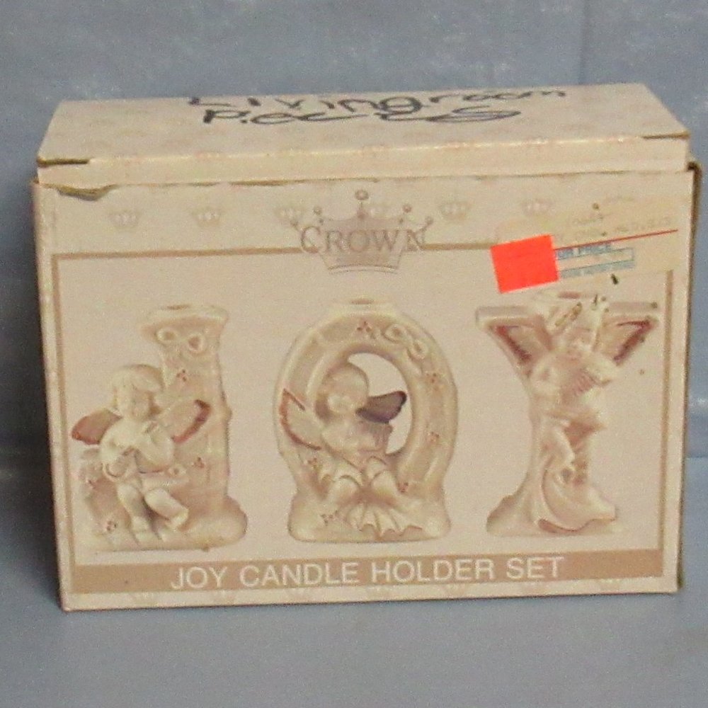 Crown Accents Joy Ceramic Candle Holder Set Angels Cherubs Gold Trimmed